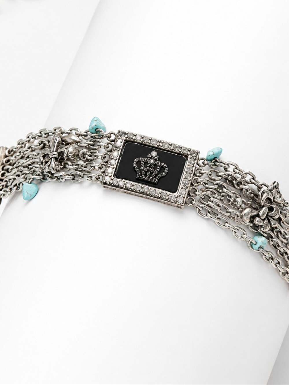 Multi-Chain Silver Statement Bracelet Rhinestone Crown Turquoise Charms Boho 8"
